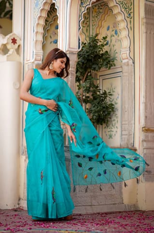 Dira By Dimple - Emerald Elegance Organza Saree (Handpainted Bottle Green Organza Handwork saree)