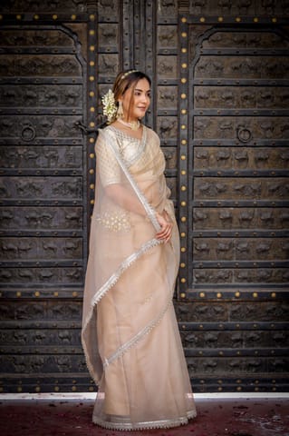 Dira By Dimple - Beige Symphony Elegance Saree (Hand Embroidered Beige Organza Saree)