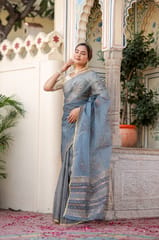 Dira By Dimple - Radiant Foil Blossom Organza Saree (Golden Foil Printed Grey Organza Zari Border Saree)