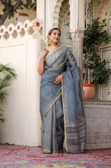 Dira By Dimple - Radiant Foil Blossom Organza Saree (Golden Foil Printed Grey Organza Zari Border Saree)