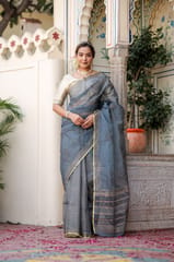 Dira By Dimple - Radiant Foil Blossom Organza Saree (Golden Foil Printed Grey Organza Zari Border Saree)