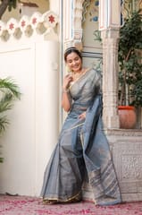 Dira By Dimple - Radiant Foil Blossom Organza Saree (Golden Foil Printed Grey Organza Zari Border Saree)