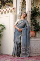 Dira By Dimple - Radiant Foil Blossom Organza Saree (Golden Foil Printed Grey Organza Zari Border Saree)