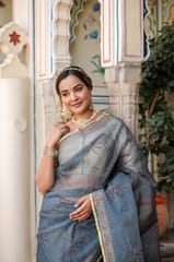 Dira By Dimple - Radiant Foil Blossom Organza Saree (Golden Foil Printed Grey Organza Zari Border Saree)