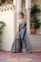 Dira By Dimple - Radiant Foil Blossom Organza Saree (Golden Foil Printed Grey Organza Zari Border Saree)