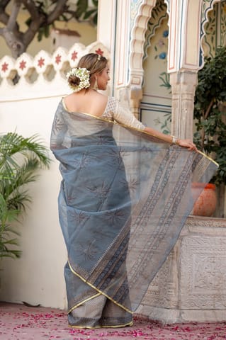 Dira By Dimple - Radiant Foil Blossom Organza Saree (Golden Foil Printed Grey Organza Zari Border Saree)