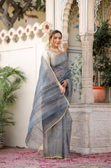 Dira By Dimple - Radiant Foil Blossom Organza Saree (Golden Foil Printed Grey Organza Zari Border Saree)