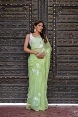 Dira By Dimple - Canvas Charm (Hand Painted Chiffon Green Saree)
