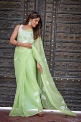 Dira By Dimple - Canvas Charm (Hand Painted Chiffon Green Saree)