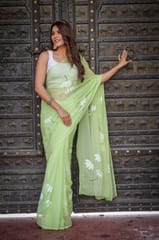 Dira By Dimple - Canvas Charm (Hand Painted Chiffon Green Saree)