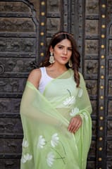 Dira By Dimple - Canvas Charm (Hand Painted Chiffon Green Saree)