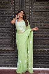 Dira By Dimple - Canvas Charm (Hand Painted Chiffon Green Saree)