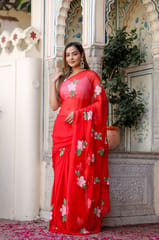 Dira By Dimple - Scarlet Artistry (Handpainted Red Chiffon Saree)