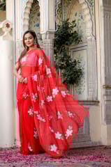 Dira By Dimple - Scarlet Artistry (Handpainted Red Chiffon Saree)