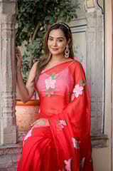 Dira By Dimple - Scarlet Artistry (Handpainted Red Chiffon Saree)