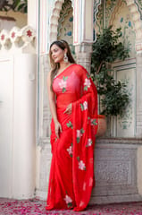 Dira By Dimple - Scarlet Artistry (Handpainted Red Chiffon Saree)