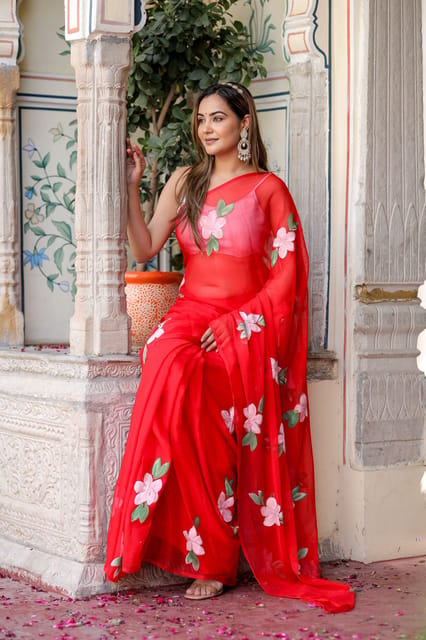 Dira By Dimple - Scarlet Artistry (Handpainted Red Chiffon Saree)