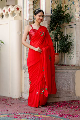 Dira By Dimple - Sequin Scarlet Splendor (Hand embroidered Chiffon Saree)