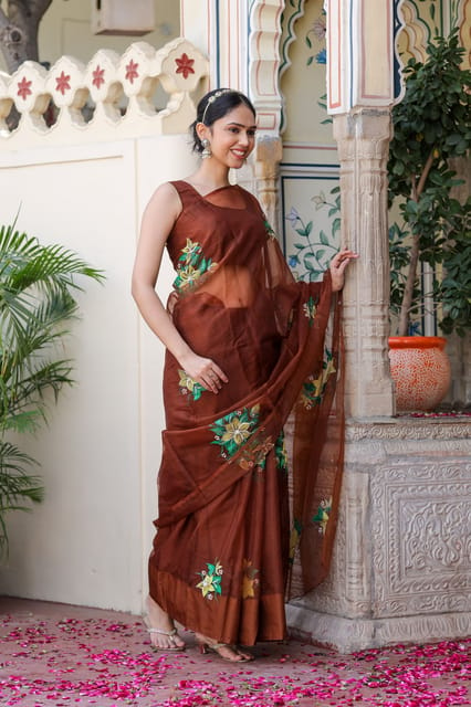 Dira By Dimple - Earthen Elegance (Handpainted Brown Organza with handwork saree)