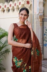 Dira By Dimple - Earthen Elegance (Handpainted Brown Organza with handwork saree)