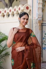 Dira By Dimple - Earthen Elegance (Handpainted Brown Organza with handwork saree)