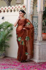 Dira By Dimple - Earthen Elegance (Handpainted Brown Organza with handwork saree)