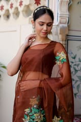 Dira By Dimple - Earthen Elegance (Handpainted Brown Organza with handwork saree)