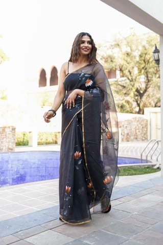 Dira By Dimple - Divine Ink Drapes (Handpainted Black Organza Zari border saree)