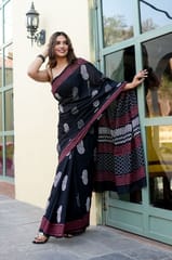 Dira By Dimple - Ebony Elegance - Hand Block Printed Saree