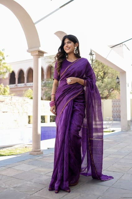 Dira By Dimple - Enchanted Lavender Vision - Block Printed Chanderi Silk Saree