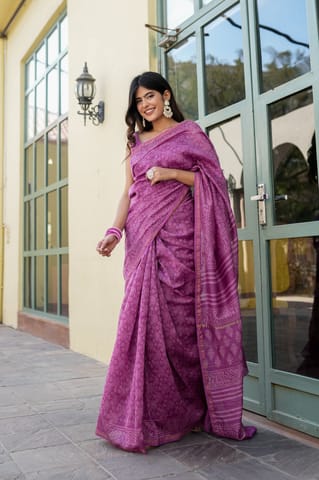 Dira By Dimple - Ethereal Lavender - Chanderi Silk Block Printed Saree