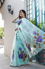 Dira By Dimple - Royal Blue Strokes - Organza Hand Painted Saree