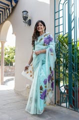 Dira By Dimple - Royal Blue Strokes - Organza Hand Painted Saree