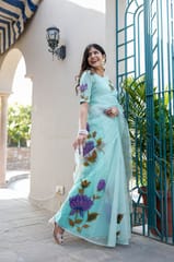 Dira By Dimple - Royal Blue Strokes - Organza Hand Painted Saree