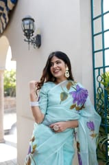 Dira By Dimple - Royal Blue Strokes - Organza Hand Painted Saree