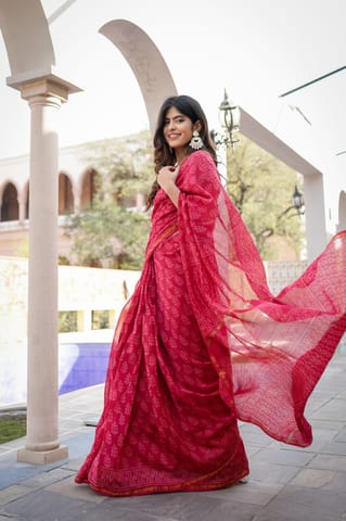 Dira By Dimple - Flamenco Red Wave - Chanderi Silk Block Printed Saree