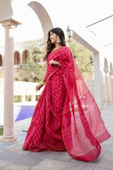Dira By Dimple - Flamenco Red Wave - Chanderi Silk Block Printed Saree