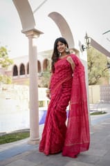 Dira By Dimple - Flamenco Red Wave - Chanderi Silk Block Printed Saree