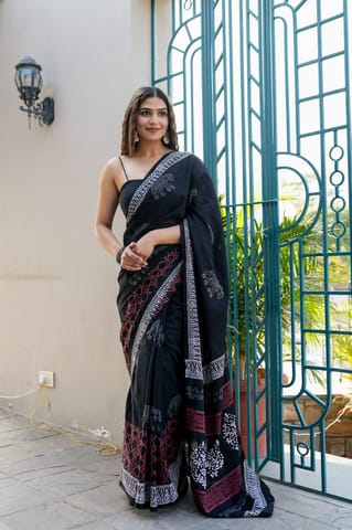 Dira By Dimple - Black Cotton Handblock Printed Saree