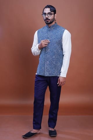 Inkriti - Hand Block Printed Clear Sky Nehru Jacket