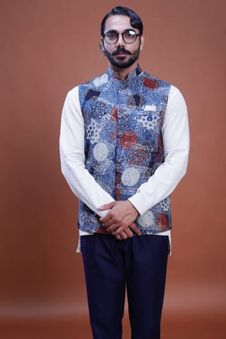 Inkriti - Hand Block Printed Indigo Nehru Jacket