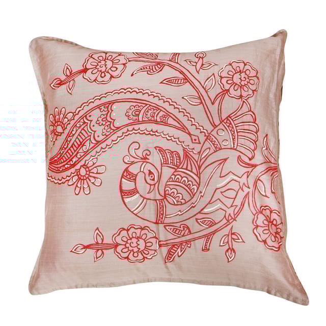 Guthali -Beige Handpainted Peacock Cushion Cover