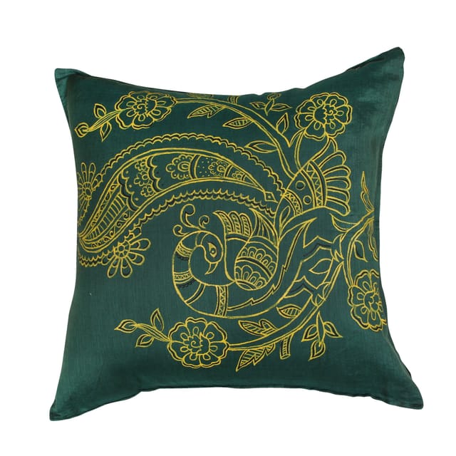 Guthali -Green Handpainted Peacock Cushion Cover