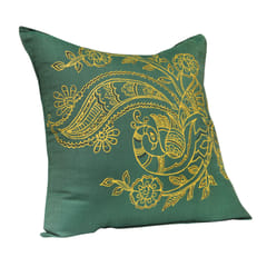 Guthali -Green Handpainted Peacock Cushion Cover