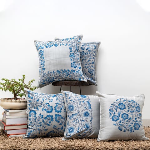 Guthali -Blue Pottery Grey Cushion Cover Set of 5