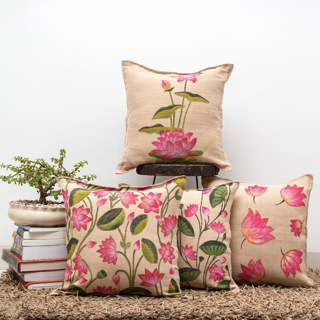 Guthali -Pichwai Hand Painted Cushion Cover Set of 4 In Jute
