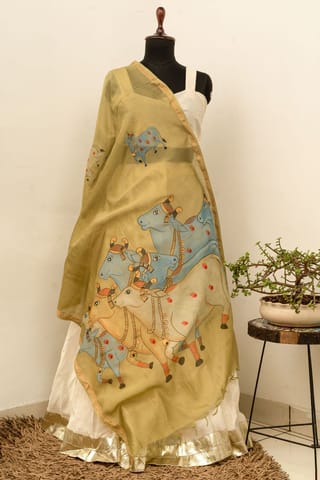 Guthali -Pichwai Cow Painted Chanderi Dupatta