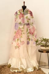 Guthali -Peonies Organza Handpainted Dupatta