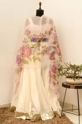 Peonies Organza Handpainted Dupatta