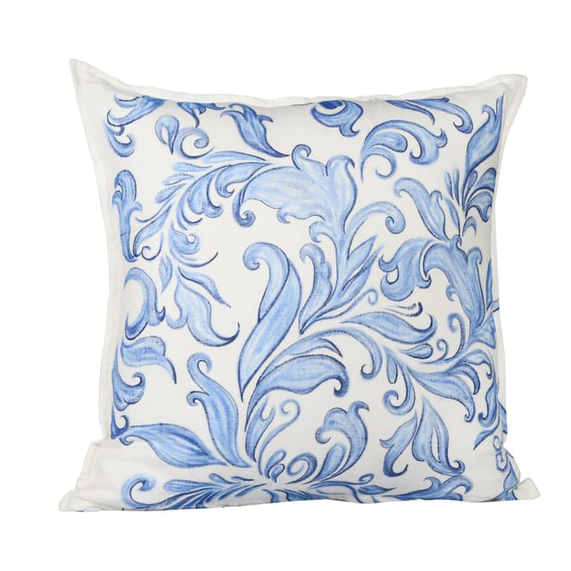 Guthali -Blue Pottery Handpainted Cushion Cover In Khadi